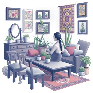 A woman with dark hair styled in braids, resembling "Frida Kahlo," is seated in a bohemian room filled with eclectic decor. The walls are adorned with colorful tapestries and framed artwork, highlighting her distinctive style. Various plants are placed around the room, adding liveliness to the space. The floor is covered with layered rugs, showcasing vibrant patterns and textures. The furniture includes a wooden table with unique carvings and mismatched chairs, surrounded by cushions in rich fabrics. A vintage mirror hangs on one wall, reflecting the room's colorful atmosphere.