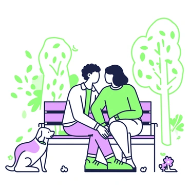 Two people are sitting closely on a bench in a park. They are facing each other, gazing deeply into each other's eyes. The person on the left has curly hair and is wearing a light jacket, while the person on the right has straight hair and is dressed in a sweater. Around them, there are trees with leaves visible, and a pathway can be seen in the background. A small dog is sitting nearby, looking up at the couple. There are a few scattered flowers on the ground near the bench.