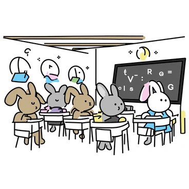 A group of "rabbit children" sitting at "small wooden desks" arranged in a "woodland classroom." The classroom features "rustic wooden beams" in the ceiling and walls made of "natural tree bark." Each rabbit child has distinct "fluffy fur" colors, such as "brown," "grey," and "white." They are wearing "tiny vintage clothing" like "waistcoats" and "dresses." The desks are adorned with "small books" and "colorful pencils." A "large chalkboard" is at the front of the room, with "simple drawings" and "letters" written on it. Sunlight filters in through "round windows," casting "gentle light" on the scene.