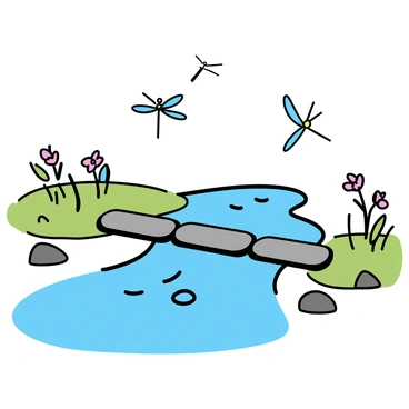 A bubbling creek is flowing, with clear water reflecting the sunlight. Smooth, flat stepping stones are positioned across the creek, creating a natural path for crossing. Dragonflies with iridescent wings are flitting above the water, their bodies shimmering as they dart back and forth. Lush green grass lines the creek's banks, with a few wildflowers adding splashes of color. A few small rocks are scattered along the edges of the creek, partially submerged in the water.