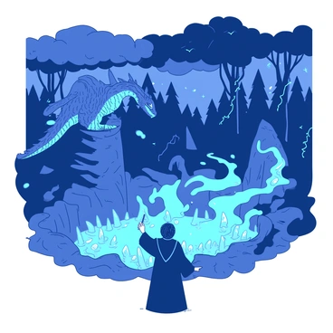 A duotone illustration featuring a scene from the Triwizard Tournament. In the foreground, a brave wizard is standing with his wand drawn, facing a series of magical obstacles. To his left, a massive dragon is perched on a rocky outcrop, its scales shimmering. To the right, a swirling, blue mist obscures a treacherous pit full of sharp, hidden spikes. The background shows a dense, enchanted forest with towering trees whose trunks are entwined with glowing vines. Above the scene, the sky is filled with dark clouds, hinting at an impending storm.