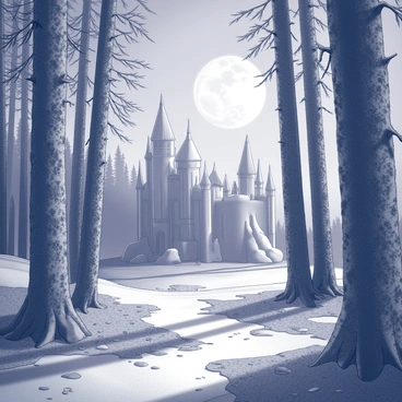 A dense forest filled with towering trees, their trunks covered in intricate patterns of bark. The ground is blanketed with soft moss and scattered pebbles. In the center of the scene, there is a large ice castle, its spires reaching upwards. The castle's surface is smooth and crystalline, reflecting the light in sharp angles. Above, a full moon casts a silvery glow, illuminating the forest and adding a magical quality to the scene. Shadows of trees stretch across the ground, creating interesting patterns. The overall atmosphere is serene and captivating, drawing attention to the majestic ice castle.