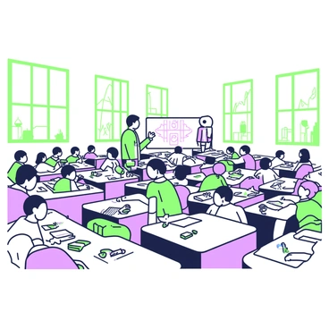 A large lecture hall is filled with students seated at individual desks. Each student is focused on sketching in their notebooks. Some students are using pencils, while others are using colored pens. In the front, a teacher stands by a whiteboard, pointing to a diagram. The room features rows of students, with different styles of clothing, including casual and formal attire. Sunlight streams in through tall windows, illuminating the atmosphere of concentration and creativity. Desks are scattered with art supplies, and a few students are sharing ideas with their peers.