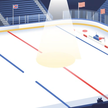 An ice hockey rink is depicted from a birds-eye view, showcasing the smooth, white ice surface marked with red and blue lines. The bright spotlight is shining down onto the center ice, illuminating a circular area and casting soft shadows around it. The rink's boards are made of polished wood and are adorned with advertisements. In the background, there are empty spectator seats with a few scattered team flags hanging from the rafters. The overall atmosphere captures the anticipation of a game about to begin.