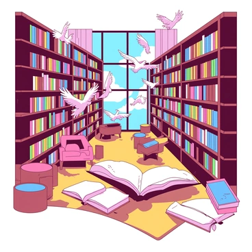 A large, expansive library filled with towering shelves stacked with colorful books. The room is illuminated by soft, warm lighting, casting gentle shadows across the wooden floor. Numerous books have sprouted wings and are soaring gracefully around the room, resembling a flock of varied birds in flight. Some books are open, flapping their pages like wings, while others are closed, gliding smoothly through the air. There are cozy reading nooks with plush chairs and small tables, and a large window reveals a blue sky outside, adding to the magical atmosphere.