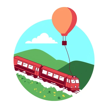 A red train with bright windows is traveling along a winding track below. The train is surrounded by green hills and patches of yellow wildflowers. Above the train, a large orange balloon is floating gently in the sky, tethered to a thin string. The balloon has a rounded shape, and it casts a small shadow on the landscape below. In the background, fluffy white clouds drift lazily across the blue sky. The scene captures the motion of the train and the serene ascent of the balloon.