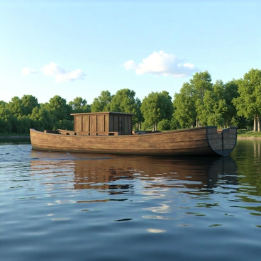 A vintage-style tank barge constructed from weathered wood, featuring a broad hull and rustic details. It has a slightly curved deck with visible seams and knots in the wood. The barge is floating gently on a river, with ripples in the water reflecting the sunlight. Surrounding the barge, there are lush green trees lining the riverbank, and a few leaves floating on the water's surface. The sky is clear with a few fluffy clouds, creating a peaceful atmosphere.