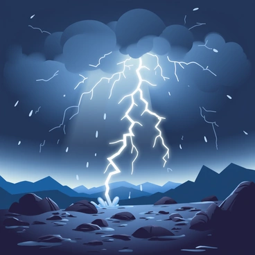 A dark sky is filled with ominous clouds, swirling and heavy with moisture. Bright, jagged bolts of lightning strike down towards the ground, illuminating the scene with their intense white light. The ground is rugged and scattered with rocks, casting sharp shadows in the light of the lightning. Raindrops can be seen falling through the illuminated air, creating small splashes on the uneven terrain. In the background, silhouettes of distant mountains are barely visible, shrouded in the storm's darkness. The atmosphere is charged with energy, and the contrast between the bright lightning and the deep shadows of the sky heightens the dramatic tension of the scene.