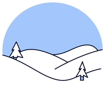 A countryside scene featuring rolling hills blanketed in white snow. The hills are gently sloping, creating a serene landscape. Above, the sky is clear and bright, showcasing a vivid blue color without any clouds. In the foreground, a few sparse trees with snow-dusted branches add to the tranquil atmosphere.