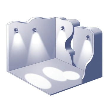 A room with walls that create a distorted effect. The walls bulge inward at certain points, while at others, they curve outward, creating a sense of dynamic movement. The floor is flat, contrasting with the irregular shapes of the walls. Light fixtures are mounted at various heights on the walls, casting unique shadows throughout the space. The ceiling has an undulating shape that mirrors the walls’ distortion, enhancing the overall sense of surrealism.