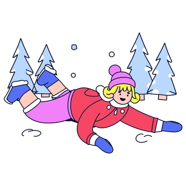 A vintage Barbie doll is dressed in a cozy winter outfit with a bright red puffy jacket, a matching knitted hat, and soft blue gloves. She is lying on her back in a fresh layer of white snow, with her arms and legs spread wide as she creates a snow angel. Snowflakes are gently falling around her, and there is a backdrop of tall evergreen trees dusted with snow.