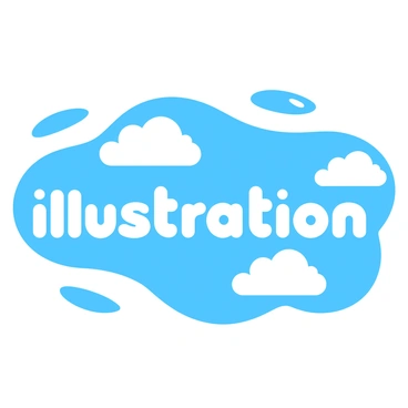 Fluffy white clouds are arranged to spell the word "illustration" against a bright blue sky. Each cloud is soft and rounded, creating a puffy texture. The sunlight casts a gentle glow on the clouds, highlighting their white color. The blue sky serves as a vibrant backdrop, enhancing the visibility of the cloud letters. The overall scene is cheerful and inviting, with no other elements distracting from the cloud formation.