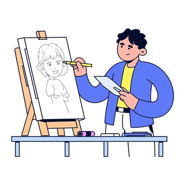 An artist is standing in front of a drawing board, making revisions to a sketch. The artist has a focused expression on their face, showing deep concentration. The drawing board is placed on a wooden easel and has a partially completed sketch featuring outlines and shading. The artist is holding a pencil in one hand and has an eraser resting beside the board. Various art supplies, including more pencils and a sketchbook, are scattered on the table beside the easel.