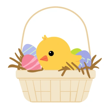 A small yellow chick peeking out from inside an Easter basket filled with straw