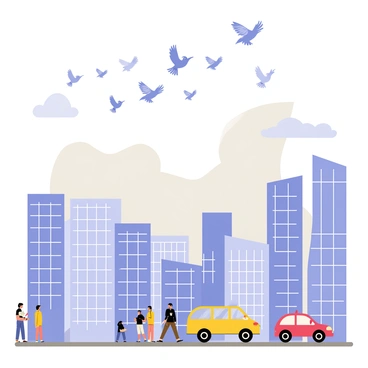 A flock of birds with various shades of blue and grey feathers is soaring above a bustling cityscape. The city is filled with tall buildings featuring large glass windows reflecting the clouds. Below, people are walking along a busy street, and colorful vehicles are moving through the intersections. The sky above is filled with thick grey clouds, creating a dynamic backdrop for the scene.