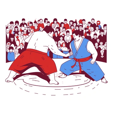 A red sumo wrestler wearing a traditional mawashi is poised in a dynamic stance on a circular dohyo. His muscular physique is highlighted, showing intense concentration on his face. The background features a blurred audience, filled with spectators in various colorful clothing, capturing the excitement of the event. The scene conveys motion, with dust particles swirling around the wrestlers as they engage in a fierce competition. A blue sumo wrestler is positioned opposite, exerting force against his opponent. The atmosphere is electric, filled with the tension of the upcoming clash.