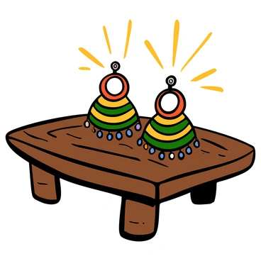 A pair of jhumka earrings shining in the sunlight, placed on a wooden table.