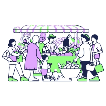 A crowded market scene filled with various vendors and shoppers. Stalls are lined with colorful produce, including fruits and vegetables stacked high. In the foreground, a figure with a wide-brimmed hat and a loose-fitting shirt is standing among the hustle, subtly blending into the chaos. The figure is holding a woven basket filled with items. Around them, people are engaged in lively conversations, reaching for goods, and examining products. A small child is tugging at their parent's sleeve nearby, and a vendor is calling out prices from behind a stall filled with vibrant textiles.