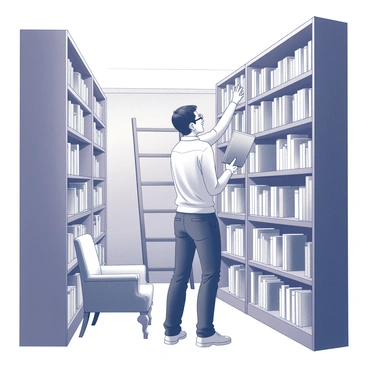 A man is browsing through books in a library. He stands in front of tall wooden shelves filled with numerous books, some are stacked vertically while others are placed horizontally. The man has short hair and wears glasses, and he reaches for a book on a higher shelf with one hand, while holding a book in his other hand. Soft, warm lighting illuminates the space, creating a cozy atmosphere. A comfortable armchair can be seen in the background, inviting visitors to sit and read. An ornate wooden ladder leans against one of the shelves, hinting at the vast number of books available.