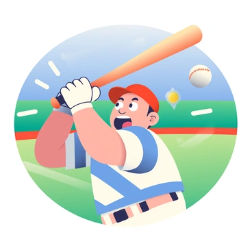 A cartoonish baseball player with a large head and oversized hands is dramatically swinging a bat with exaggerated force. He has a bright red cap turned backward and a white jersey with blue stripes. His facial expression shows intense concentration, with his eyes wide and mouth open in a shout. The bat is mid-swing, and motion lines are visible around it to emphasize the speed of the action. In the background, a vibrant green baseball diamond is depicted, along with a clear blue sky above.