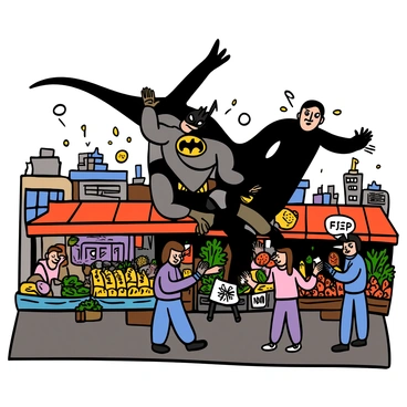 Batman with a muscular build and wearing his iconic dark gray suit, complete with a black cape, is leaping into action. His cape is flowing dramatically behind him as he tackles a villain dressed in a dark outfit, with a menacing expression. The scene is set in a bustling marketplace filled with colorful stalls, showcasing various fruits and vegetables. People are scattered around, some looking surprised, while others are pointing at the action. The sky is clear, allowing sunlight to illuminate the vibrant scene, enhancing the vivid colors of the marketplace.