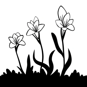 Silhouettes of gladiolus flowers in varying sizes stand tall, their slender stems and broad leaves clearly defined. The background features a gradient sunset sky, with the sun dipping below the horizon, casting a range of black and white tones blending seamlessly. The outlines of the gladiolus flowers create a striking contrast against the serene backdrop of the evening sky.