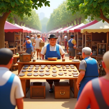 A bustling antique market stall filled with various vintage items. There is a vendor standing behind the stall, showcasing a collection of old coins arranged neatly on a worn wooden table. The coins are of different shapes and sizes, with intricate designs and inscriptions visible. The vendor is dressed in period-appropriate clothing, engaged in conversation with a customer who is examining the coins closely. Surrounding the stall, other market-goers can be seen browsing nearby stalls filled with antiques and collectibles. Bright sunlight filters through the trees above, casting interesting shadows on the scene.