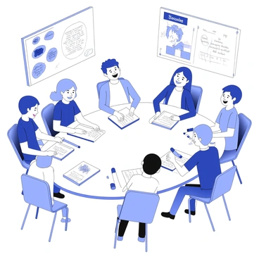 Students are gathered around a large table, focused on creating posters for a school event. Each student has a poster board in front of them, decorated with various drawings and text. Scattered around the table are a variety of art supplies, including markers, colored pencils, scissors, and glue sticks. Some students are laughing, clearly enjoying the process, while others are deep in concentration, sketching out their designs. On the walls behind them are examples of other colorful posters, showcasing school spirit and creativity.