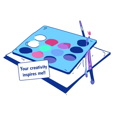A blue painter's palette filled with various colorful blobs of paint rests on a white canvas. Next to the palette, there is a small, neatly folded white note with the words "Your creativity inspires me!" written in elegant black handwriting. The palette is slightly tilted, displaying the vibrant colors, while the note leans against it, adding a personal touch to the artistic scene.