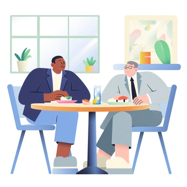 Two entrepreneurs are seated at a sleek, round wooden table in a modern restaurant. One entrepreneur has dark skin and is wearing a navy blue blazer over a white shirt. The other entrepreneur has light skin and is dressed in a light gray suit with a black tie. They are both leaning forward, engaged in an animated discussion about business strategies. A stylish plate of sushi is placed in front of each of them, and a glass of sparkling water with a lemon slice sits on the table. The restaurant features large windows with natural light streaming in, highlighting contemporary decor elements such as potted plants and abstract wall art.