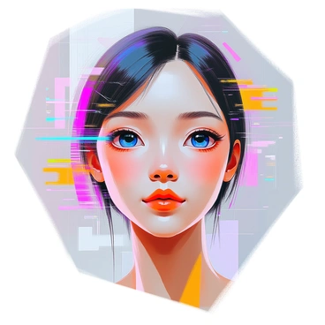 A close-up of an AI-generated human face with distinct features like bright blue eyes and smooth skin. The face appears slightly androgynous, with medium-length dark hair styled casually. Surrounding the face are various digital glitch effects, including pixelation, color distortions, and static lines that disrupt the image. The background is a soft gradient of colors that enhances the digital theme, complementing the glitching elements in the foreground.