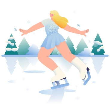 A figure skater with long, flowing blonde hair is executing a graceful spin on a pristine ice rink. She is wearing a sparkling, light blue costume adorned with sequins that catch the light as she moves. Her arms are elegantly extended, and one leg is lifted in a perfectly arched position. The ice surface reflects her image clearly, showcasing her form. In the background, there are gently falling snowflakes creating a serene snowy backdrop, while snow-covered trees line the edge of the rink, adding to the winter atmosphere.