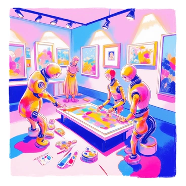 Paintings that come to life with robotic arms adding finishing touches to the artworks.
