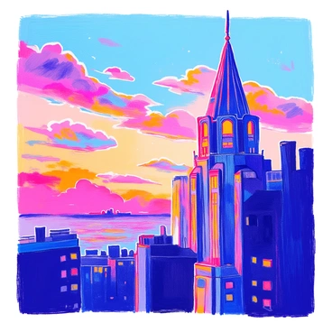 The scene depicts the silhouette of an "art deco building" with geometric lines and intricate details. The building's spire reaches high into the sky, showcasing its elegant design. In the background, a "vibrant sunset sky" displays a blend of orange, pink, and purple hues, illuminating the clouds with warm color. The contrast between the dark silhouette of the building and the bright colors of the sunset creates a striking visual effect. Some scattered clouds catch the sunlight, enhancing the overall beauty of the scene.