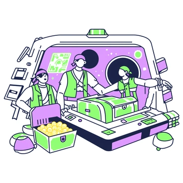 Space pirates aboard their spaceship, floating through the cosmos with treasure chests