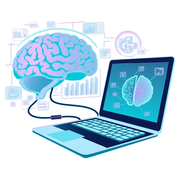A sleek, modern computer with a glowing blue interface, connected via intricate wires to a three-dimensional brain model. The brain model features vibrant colors, with neural pathways illuminated in pulsing lights showing activity. The background is filled with holographic data streams and digital symbols that represent artificial intelligence concepts. The overall composition emphasizes the connection between technology and intelligence, with a dynamic and futuristic feel.