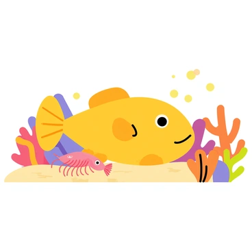 A yellow flounder with a flat body rests on the sandy bottom of a vibrant coral reef. The flounder has large, expressive eyes and its fins are slightly spread. Next to the flounder, a small pink shrimp with long antennae and slender legs crawls across a piece of coral. Brightly colored corals in shades of orange, purple, and green surround them, creating a lively underwater atmosphere. Bubbles rise to the surface, and small fish dart in and out of the coral structures, enhancing the bustling marine life scene.