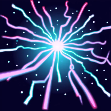 A vibrant electric field radiating in various colors, with pulsating waves and lines of energy extending outward in a dynamic pattern. The electric field is surrounded by a dark, star-speckled vastness of space, highlighting the contrast between the bright energy and the deep blackness. The electric currents twist and swirl, creating a sense of movement, while small glowing particles drift along the lines of the field. Hints of shimmering light and soft glows emanate from the intersections of the energy waves, intensifying the visual impact of the scene.