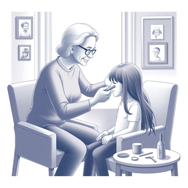 An elderly person gently brushing a child's hair with a soft-bristled brush. The elder has a warm smile, showcasing their affection. The child sits on a cushioned chair, with strands of hair cascading down in delicate waves. Surrounding them is a cozy interior filled with family photographs displayed on the walls. A small table nearby holds various hair accessories scattered around, adding to the intimate atmosphere. Natural light streams through a window, illuminating the scene.