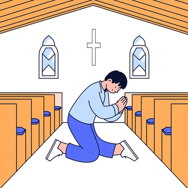 A person kneeling on a wooden floor with their hands clasped together in a posture of prayer. The individual is dressed in simple clothing, and their head is bowed. Surrounding them are wooden pews arranged neatly, and there are stained glass windows filtering soft light into the space. Above, a wooden beam ceiling adds a sense of warmth to the chapel interior.