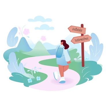 A traveler is walking along a winding path that is lined with wooden signs. Each sign points in different directions, labeled with words such as "joy," "sadness," and "wisdom." The traveler is dressed in a light coat and carrying a small backpack. The surrounding scenery includes lush greenery on both sides of the path, with trees and flowers adding color to the landscape. Soft, gradient pastel colors fill the scene, enhancing the tranquil atmosphere of the journey.
