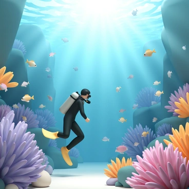 A vibrant underwater scene filled with various species of fish swimming gracefully among colorful coral reefs. The coral formations consist of bright hues of purple, orange, and yellow. Small fish with intricate patterns dart around, while larger fish glide through the water. A scuba diver, wearing a black wetsuit and yellow fins, is exploring the area, equipped with a diving mask and underwater camera. Sunlight filters down from the surface, illuminating the underwater landscape and creating a captivating atmosphere.