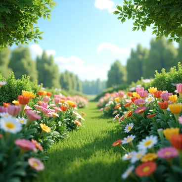 A vibrant garden filled with lush greenery, where "CPF papers" are creatively depicted as colorful flowers in full bloom. Each "flower" showcases various designs and colors, resembling petals made from these papers, creating a whimsical effect. The garden is dotted with real flowers interspersed among the CPF paper blooms, adding to the lively atmosphere. A clear blue sky provides a bright backdrop, and rays of sunlight illuminate the scene, highlighting the unique combination of nature and paper.