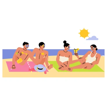A group of four friends is lounging on colorful beach towels laid out on golden sand. Two friends are sitting side by side, applying sunscreen to each other's backs with cheerful expressions. One friend is lying on a towel, wearing sunglasses, with a wide-brimmed hat resting beside them. The fourth friend is holding a refreshing drink with a slice of lemon, smiling at the others. In the background, gentle waves are lapping at the shore, and a bright sun is shining in a clear blue sky.