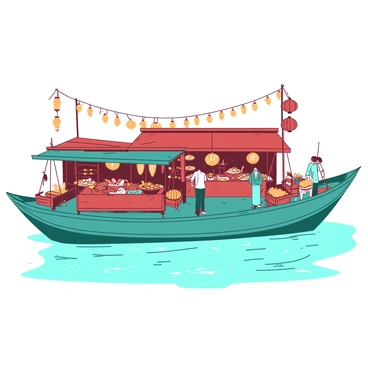 A teal barge is floating gently on water, showcasing a vibrant night market filled with various stalls. Each stall is adorned with colorful decorations and features an array of food items and handmade crafts for sale. Lanterns hang above the stalls, casting a warm orange glow, illuminating the scene and creating a cozy atmosphere. The water reflects the lights from the lanterns, adding to the lively ambiance. People are casually browsing the stalls, enjoying the delicious smells and lively chatter of the market.