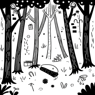 A magical forest scene where each tree has ornaments corresponding to advent calendar days