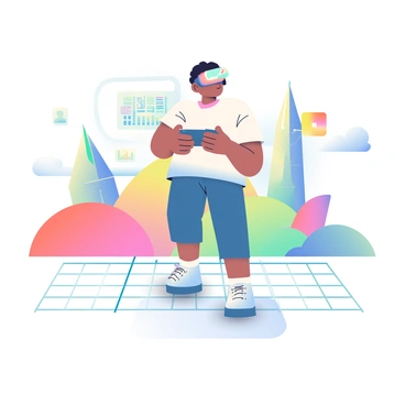 A gamer with short black hair is wearing futuristic VR goggles, completely immersed in a digital landscape. The landscape features vibrant colors and abstract geometric shapes floating in the air. There are towering crystalline structures and a digital city skyline with neon lights in the background. The gamer is standing on a platform that appears to float in mid-air, with a glowing grid beneath their feet. In their hands, they are holding sleek controllers, and there is a faint holographic user interface displaying various icons and statistics in front of them.