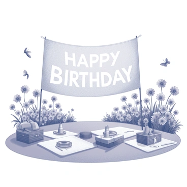 A birthday banner is prominently displayed in the center of a blooming garden. The garden is filled with various flowers, each showcasing distinct shapes and sizes. Butterflies are fluttering around the flowers, adding a sense of liveliness to the scene. In the foreground, there are several picnic setups, featuring blankets spread out on the grass. Each picnic area includes a basket, plates, and party hats arranged neatly. The overall composition captures the cheerful atmosphere of a festive birthday celebration.