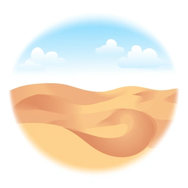 A vast desert landscape features rolling sand dunes with smooth, undulating surfaces. The sand is a warm golden color, reflecting sunlight. In the background, a bright blue sky stretches overhead, with a few fluffy white clouds scattered across it. Shadows cast by the dunes create interesting patterns on the sand. The horizon is clear, emphasizing the expansiveness of the desert.