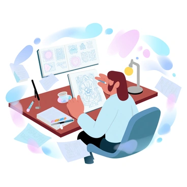 An illustrator is sitting at a wooden desk, surrounded by various art supplies. The illustrator is focused on a large sketchbook, drawing intricate elements and symbols that represent the story of the book. On the desk, there are colored pencils, brushes, and a jar of ink. A vibrant collection of finished sketches and notes lies scattered around, showcasing different ideas. A lamp emits a warm glow, illuminating the workspace, and a partially completed book cover design can be seen in the sketchbook.